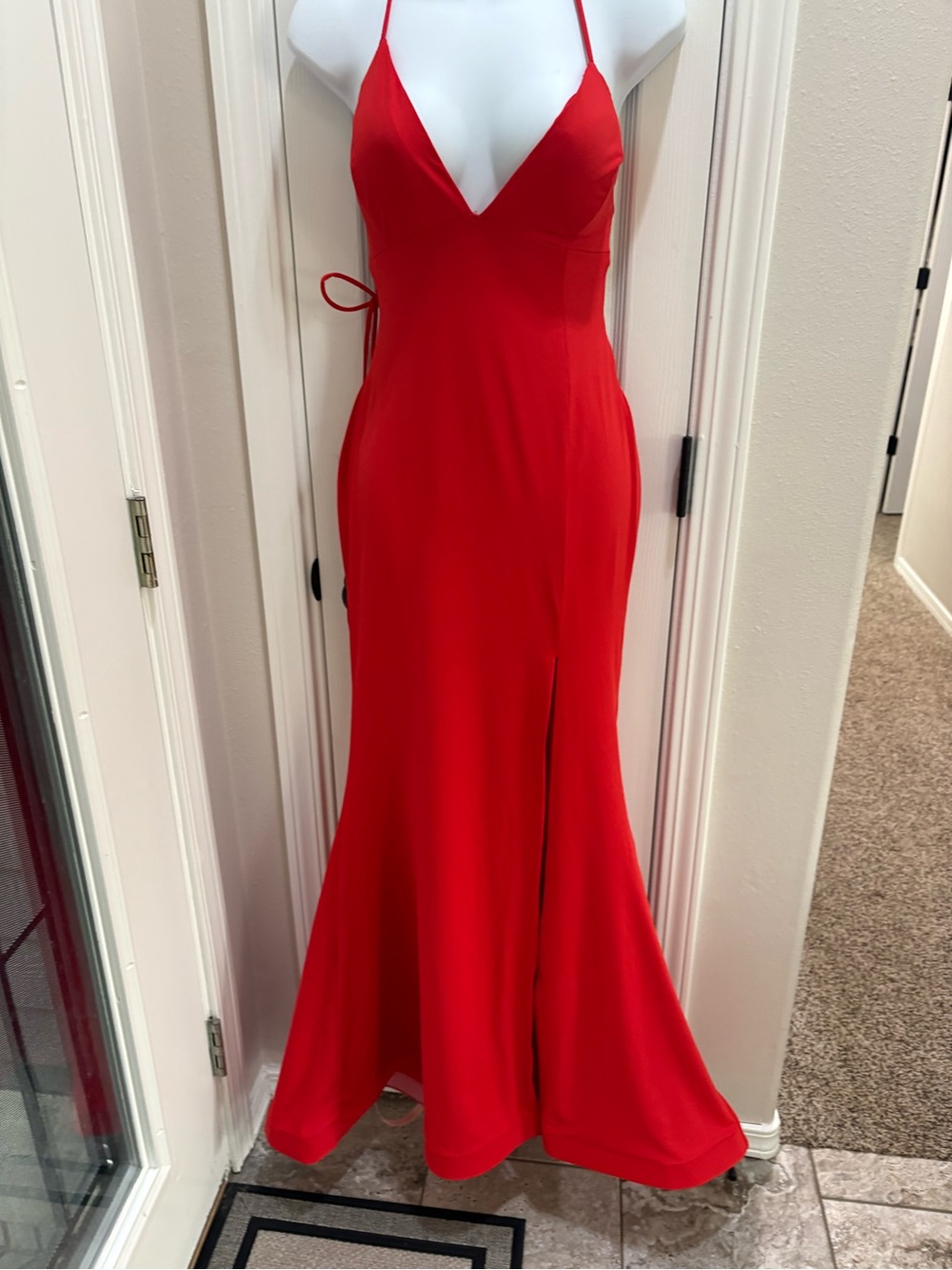 Lulu's Ronelle Red Slinky Knit Lace-Up Maxi Dress